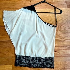 Bebe One Shoulder Lace/Satin-like Top